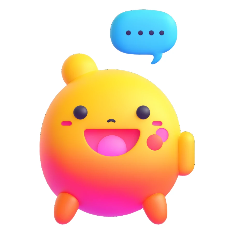 Retro game mascot — like a Tamagotchi-style AI creature, round and colorful with a speech bubble. sticker