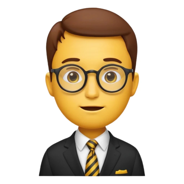 emoji character with the classic nerd emoji head (yellow round face, large brown glasses, buck teeth, freckles). The body is human-like, dressed in an elegant black suit with a tie, in a thoughtful and philosophical pose —  sticker