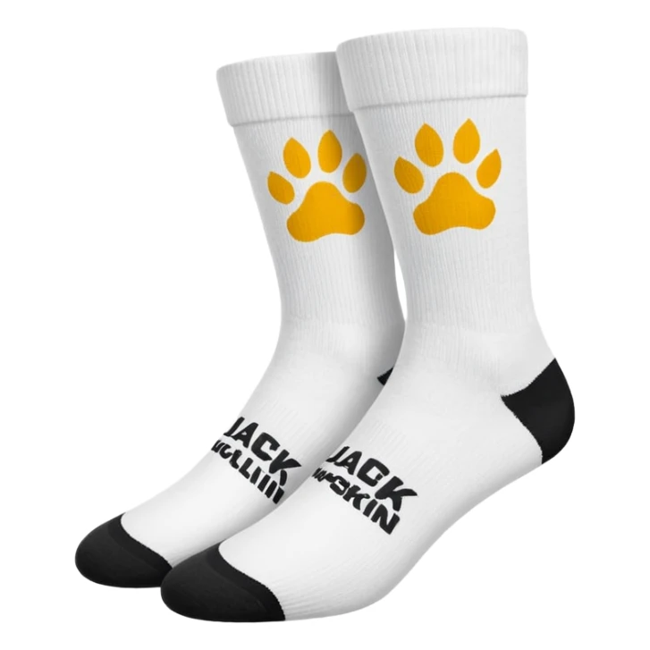 pair of white socks with Jack Wolfskin paw logo sticker