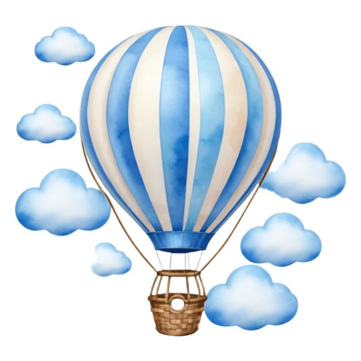 "A dreamy hot air balloon with blue and white stripes, floating among soft clouds, watercolor aesthetic." sticker