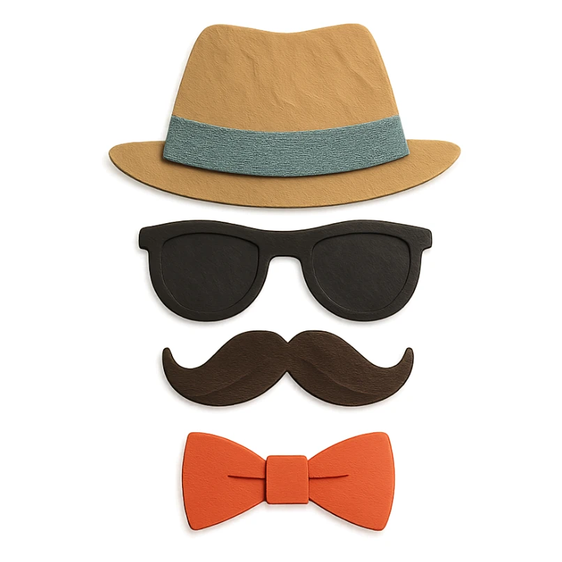 paper craft style hat, sunglasses, moustache, and bowtie sticker