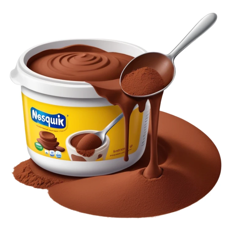 Nesquik chocolate powder being scooped with a spoon from its container sticker