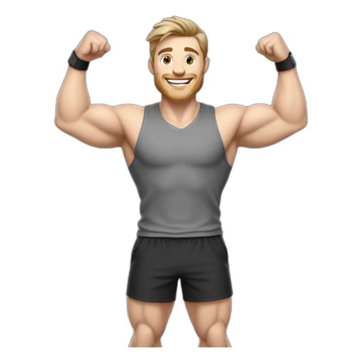 Joyful Celebrating victory Pale skinned Fit Man With the biceps and dark brown hair in black shirt, gray sports shorts and white Sneakers sticker