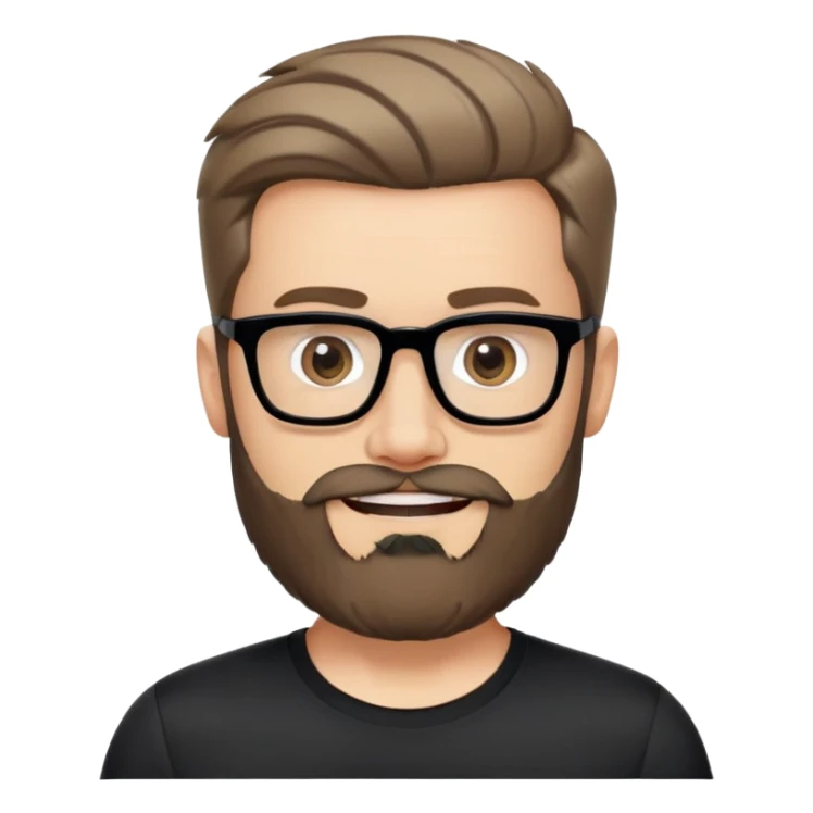 Caucasian man with complete beard, short hair styled up, large black eyeglasses, cheerful expression, black athletic shirt sticker