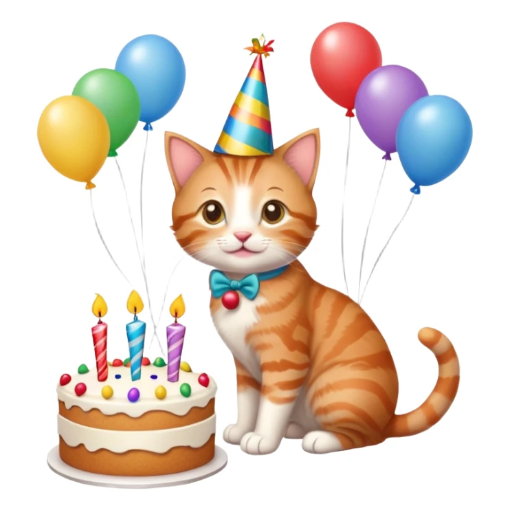 Ginger tabby kitten celebrates birthday, birthday hat, birthday cake, balloons, happy, gifts sticker