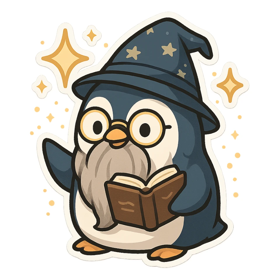 a cartoon penguin wizard with glasses, a long beard, and a spellbook, surrounded by magical effects sticker