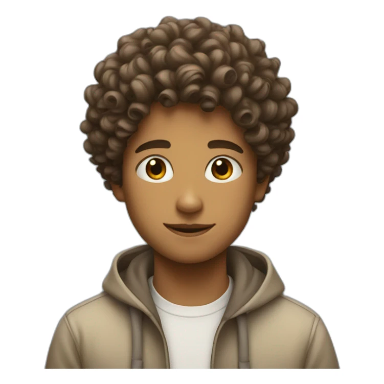 a boy with a curly hair and a musk sticker