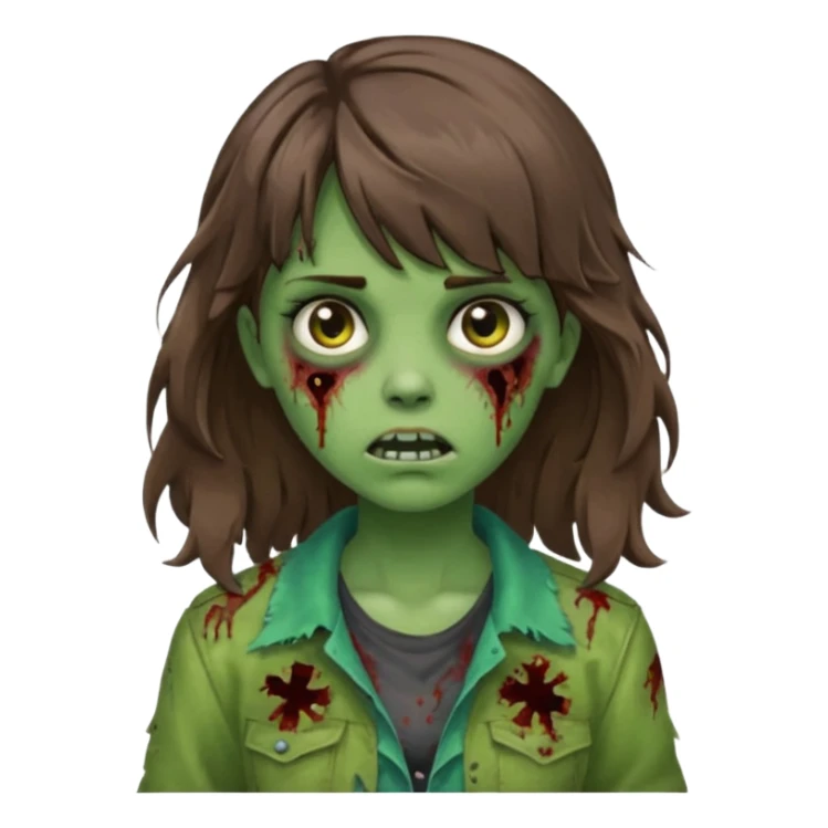 Uma menina zombie com um cabelo ondulado médio, com a franja pro lado esquerdo, o cabelo com cor castanho com a cor de pele verde  sticker