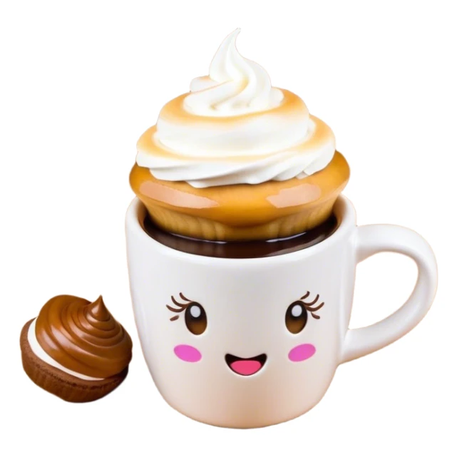 Crie um emoji no estilo do iOS 18 com uma caneca de café quente coberta com chantilly, com detalhes realistas e um design minimalista e polido. Além disso, crie um emoji de uma moça com cabelos longos e escuros, olhos amendoados castanho-escuro e vestindo um roupão branco. A expressão dela deve ser serena e acolhedora, transmitindo conforto e relaxamento. O estilo deve seguir o design moderno dos emojis do iOS, com cores suaves e detalhes bem acabados. sticker