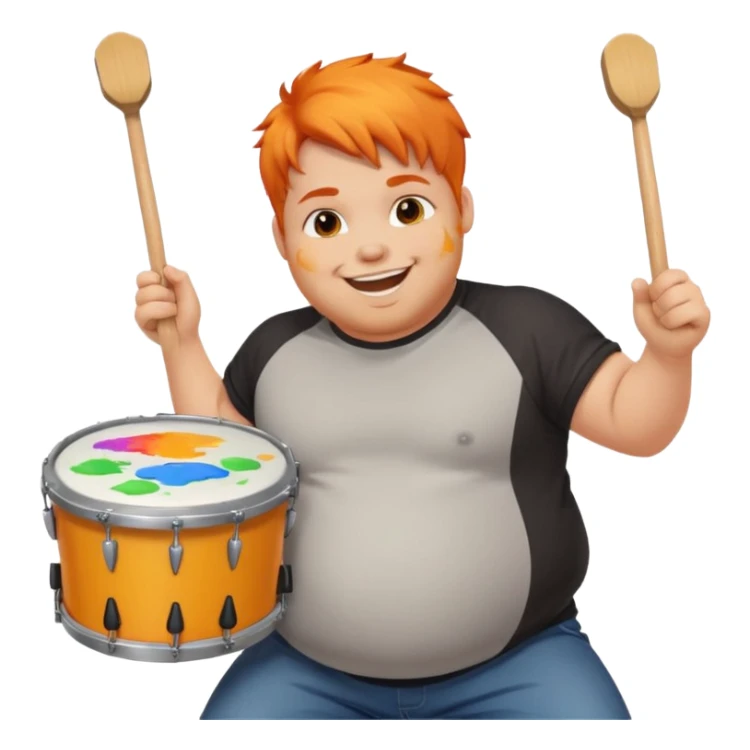 A chubby orange hair fan pounding a bass drum, cheeks puffing with energy with paints on his cheeks sticker