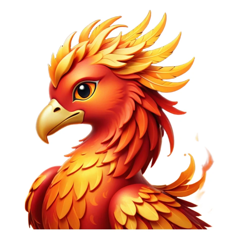 Cinematic Cute fierce & powerful Fire Phoenix Portrait Emoji, Head tilted playfully and inquisitively, showcasing a vibrant, flame-kissed form with intricately detailed feathers in warm shades of red, orange, and shimmering gold, accented by delicate sparks and a gentle, inviting glow; rendered with lifelike detail and soft, radiant light, high shine, enchanting and spirited, styled with a touch of mythic whimsy, soft glowing outline, capturing the essence of a mischievous yet endearing phoenix poised to flutter playfully into your heart! sticker