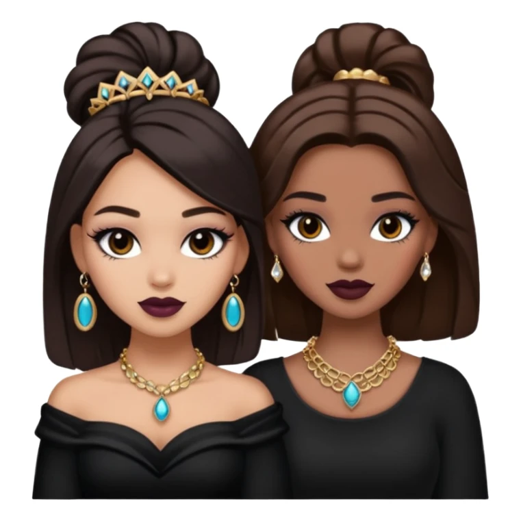 Boujy baddie best friends, trendy heavy makeup both dark hair one light skinned and one mocha brown pretty hair style both wearing black and jewelery  sticker