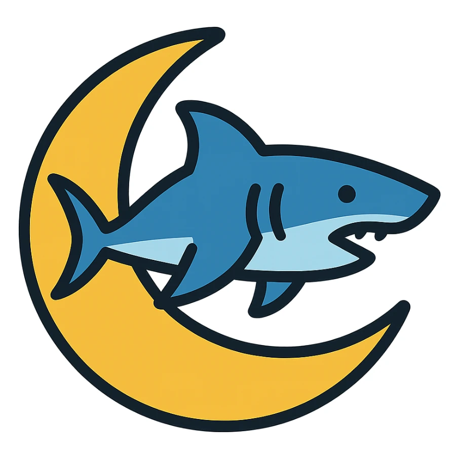 Make the shark swimming across the moon, keep the color outline icon style sticker