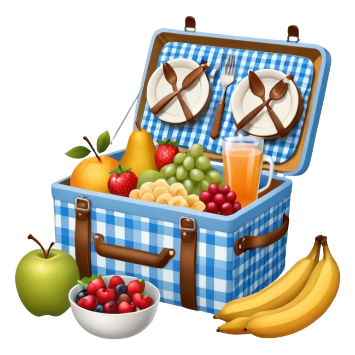 blue plaid lining basket with both food, drink and fruits sticker