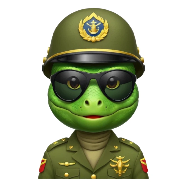 Lizard in military uniform with  black sunglasses and military helmet sticker