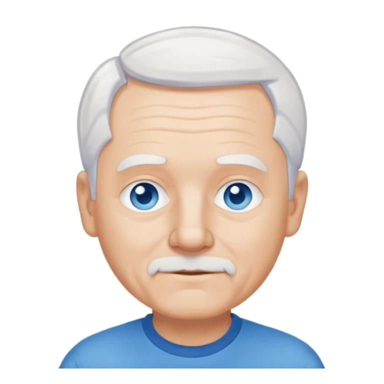 white skinned grandpa with short white hair, blue eyes and a blue tee shirt sticker