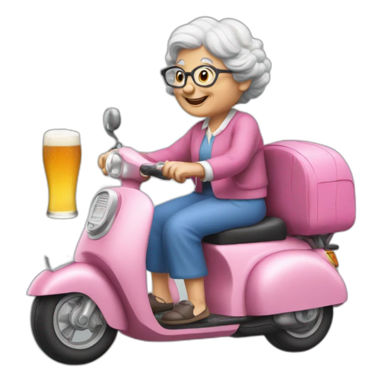 a granny with a beer on a pink scooter sticker