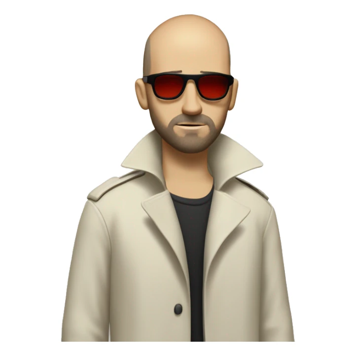 <excerpt>
A white man with real buzz cut Black hair, beard stubble donning small red tinted sun glasses in a dirty white trench coat, is serious.
</excerpt> sticker