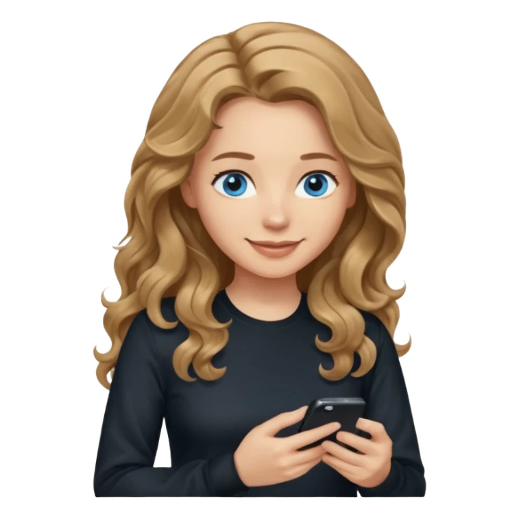 generate a pretty woman with blue eyes, light skin and medium brown long and really wavy shiny hair holding a phone she is looking at the phone while looking down at the screen. she is wearing an ALL black long sleeve. she is smiling sticker