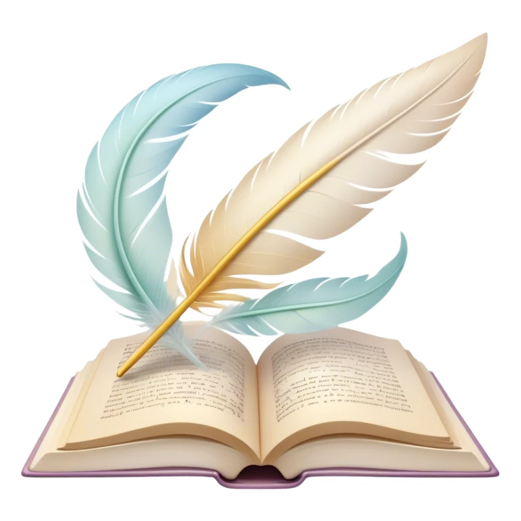 Create a delicate and poetic emoji representing poetry. The design should feature several elegantly flying pages with short poetic columns written on them. The pages should appear light and flowing, almost as if being carried by the wind. Include one white feather, gently resting on the pages, symbolizing creativity and inspiration. Use soft, pastel tones to give it a dreamy, artistic feel. The design should feel ethereal and whimsical, capturing the essence of poetry. Make the background transparent. sticker