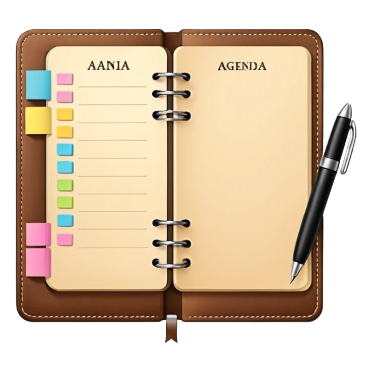 daily planner agenda  leather with open page and pen with stickynotes sticker