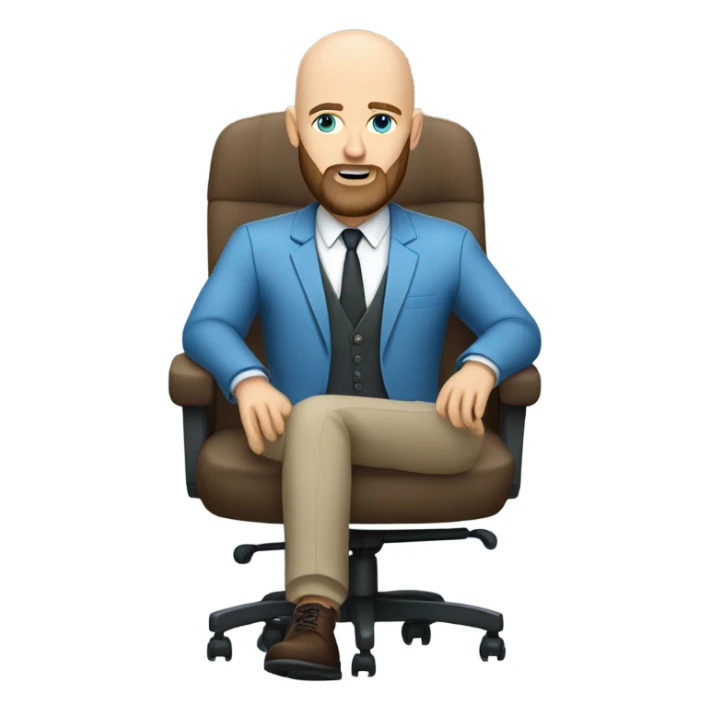 Bald, Caucasian, blue-eyed, Psychotherapist in a modern chair with a full beard sticker