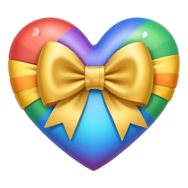 heart with a rainbow river, gold bow with heart pattern on the bow, apple emoji style sticker