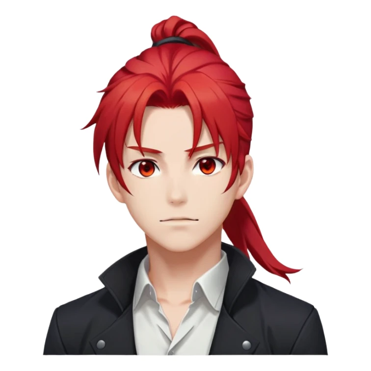 Handsome gorgeous anime man with bright-red hair, thick long ponytail, red eyes, white shirt, black jacket, stone face, Diluc from Genshin Impact sticker