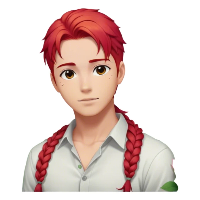 red hair with a thin side braid anime style handsome sexy gojo guy with blushing face and flowers aesthetic trending style outside sticker