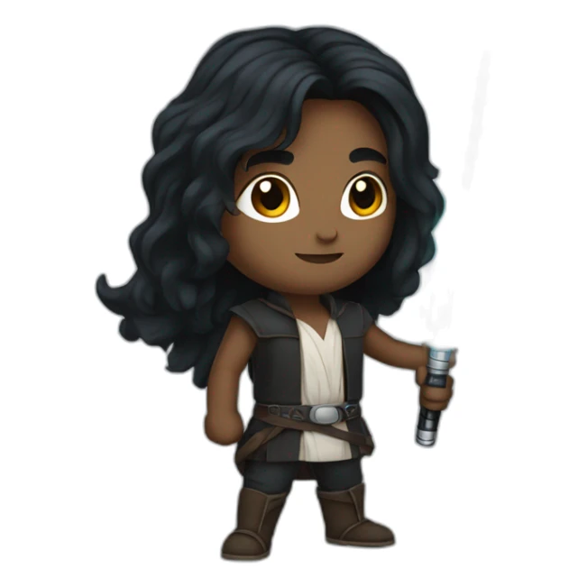 A Portuguese with long black hair holding a lightsaber sticker