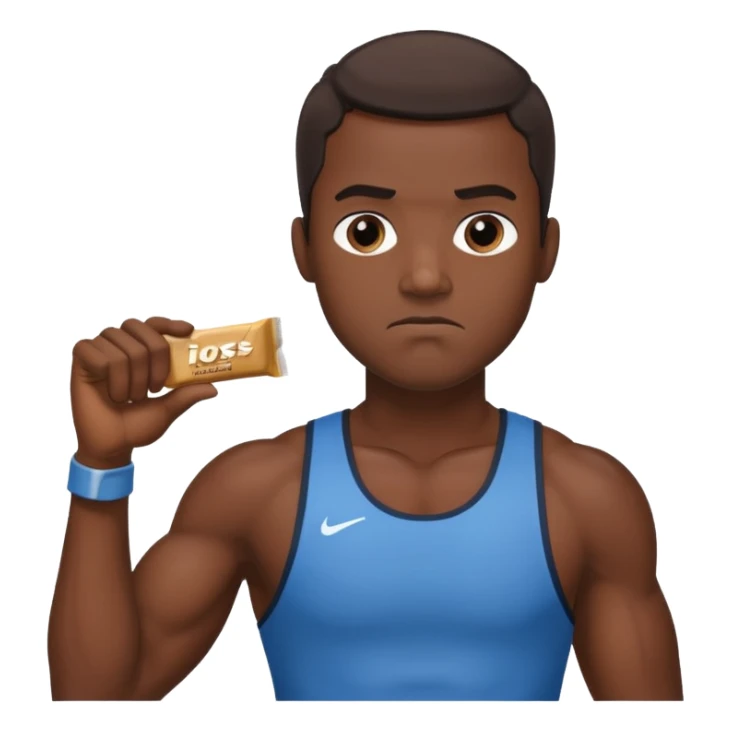 A male athlete holding a protein bar and frowning deeply sticker