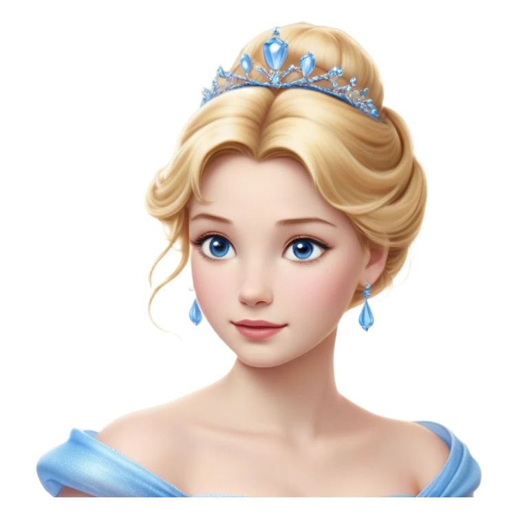 Cinematic Realistic Cinderella Portrait, depicted with lifelike skin texture, subtle rosy undertones, and soft natural lighting that enhances the gentle contours of her face. Her intricately detailed golden blonde hair is elegantly styled in an updo, with delicate wisps framing her face for added realism. Her deep, expressive blue eyes radiate warmth and sincerity, reflecting a quiet resilience and grace. She is dressed in her iconic ball gown, the fabric shimmering with intricate embroidery and fine translucent layers that catch the light beautifully. The soft sheen of satin gloves and the delicate sparkle of a glass-like slipper peeking from beneath her dress add a touch of magical realism. The portrait features an enchanting glow with a natural, luminous finish, seamlessly blending realism and fairytale charm to evoke a sense of depth, elegance, and timeless beauty. sticker