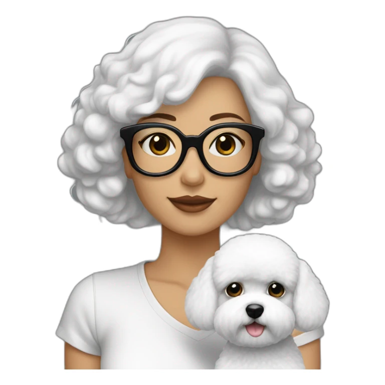 mujer piel blanca cabello negro largo con gafas  y perro bichon blanco sticker