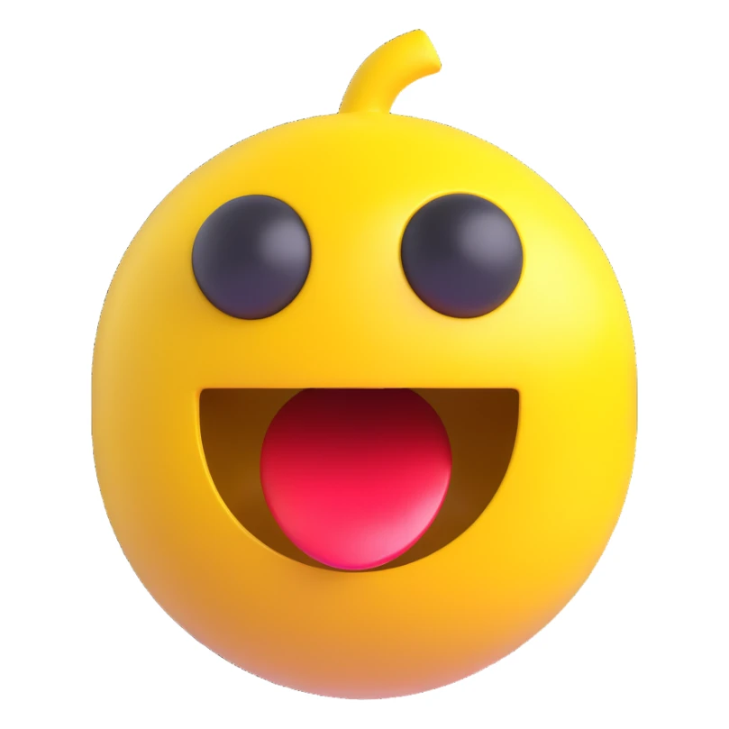 Pac-Man character, 3D emoji style, shiny yellow, open mouth, playful expression sticker