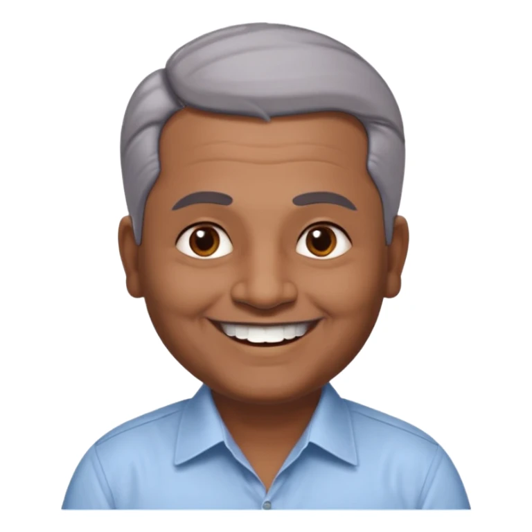 50 yr old indian man, dark skin, grey hair, big smile, white teeth, chubby, no moustache, clean shaven, young style hair, hair brushed back, 5 oclock shadow, bindy, dress shirt, forehead dot, chubby sticker