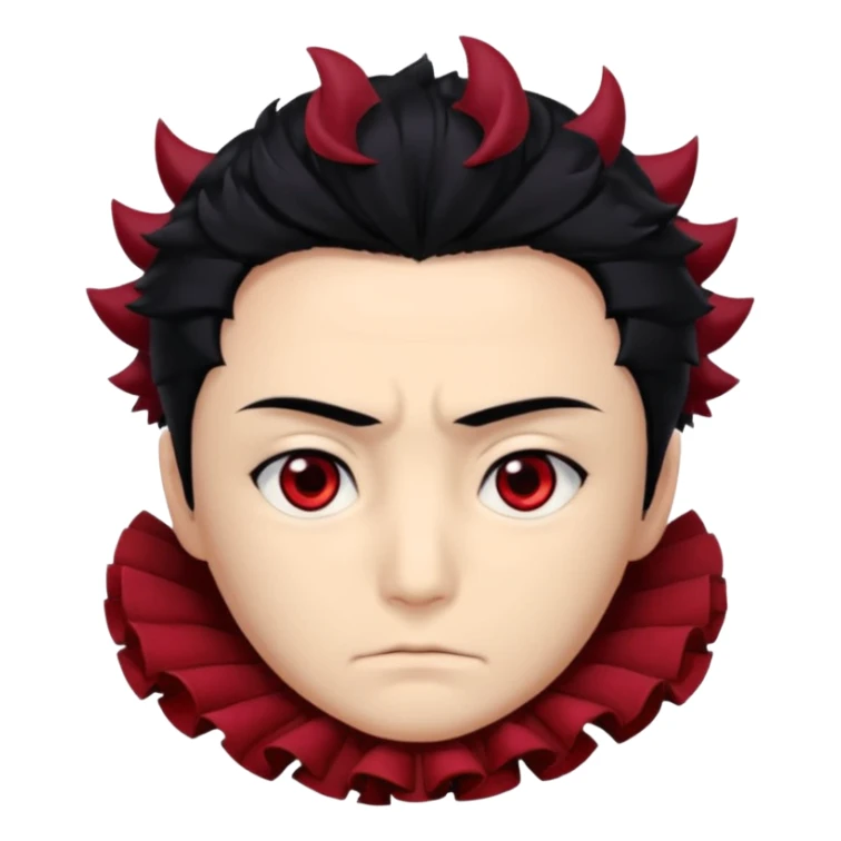 Tanjiro Kamado has a kind, yet determined, appearance with ruffled, black hair that has red/burgundy tips. His most prominent facial features are his wide, dark red eyes and a distinctive scar on the top left of his forehead. sticker