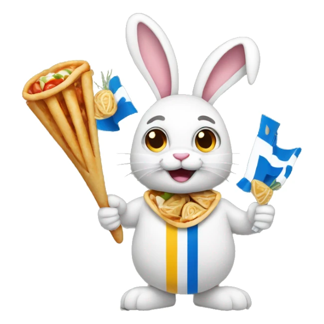 Easter bunny wearing a Greek flag holding a gyros sticker