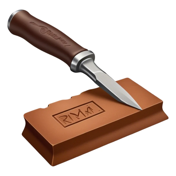 Leatherworking icon, piece of raw leather with started engraving, engraving tool or chisel, stamp or press, textured surface, minimalistic style, clean lines, transparent background. sticker