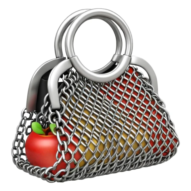 3D render of Mesh Purse, made of interlocking chainmail metal rings, wire mesh texture, visible holes and negative space, metallic silver and grey, high contrast shadows, Apple emoji style, isolated on white background --v 6.0. sticker