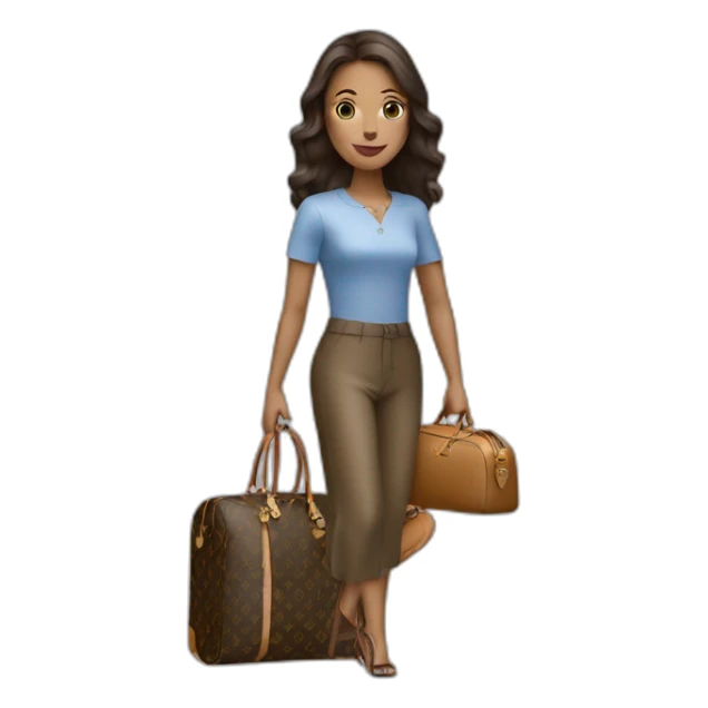 woman holding louis Vuitton travel bag with wheels sticker