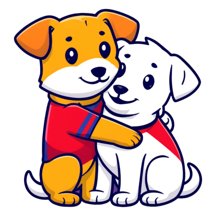 Perro con camisa del barca abraza otro perro con camisa del madrid sticker