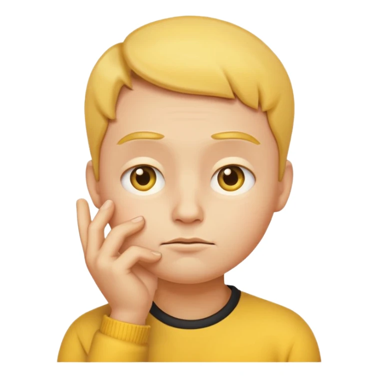 a detailed 3D render of a thoughtful face emoji, yellow round face with raised eyebrows, one hand touching chin, expressive eyes, digital art style, clean background sticker