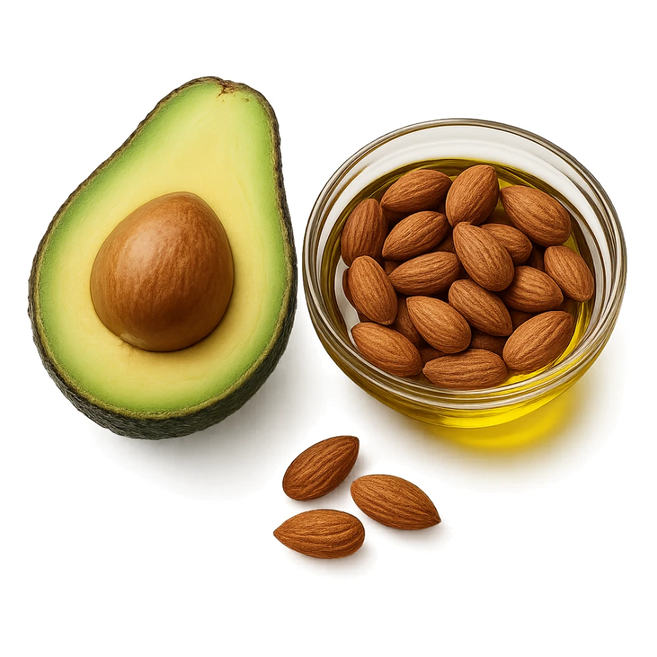 AVOCADO, BOWL DI MANDORLE E OLIO DI OLIVA, iperrealistico 4k, ISOLATA SU SFONDO BIANCO sticker