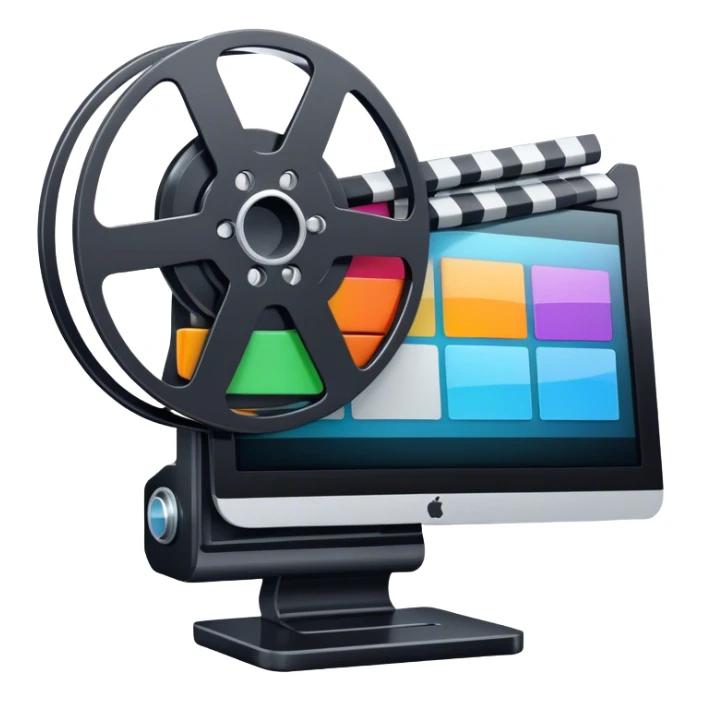 Create a vibrant and modern icon representing Animation and Motion Design, featuring elements like a film reel, a computer screen, dynamic motion lines, and a cinematographic film strip on an editing table. The design should be colorful, and dynamic, without any emojis. The background's transparent. sticker