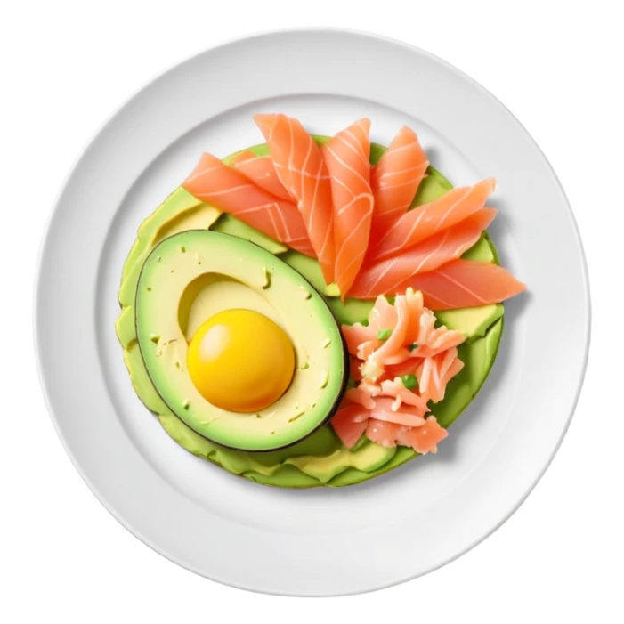 plate with sliced avocado, scrambled-eggs and smoked salmon sticker