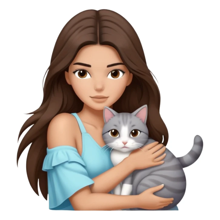 Kendall Jenner long hair with beach outfit hug one grey white cat sticker