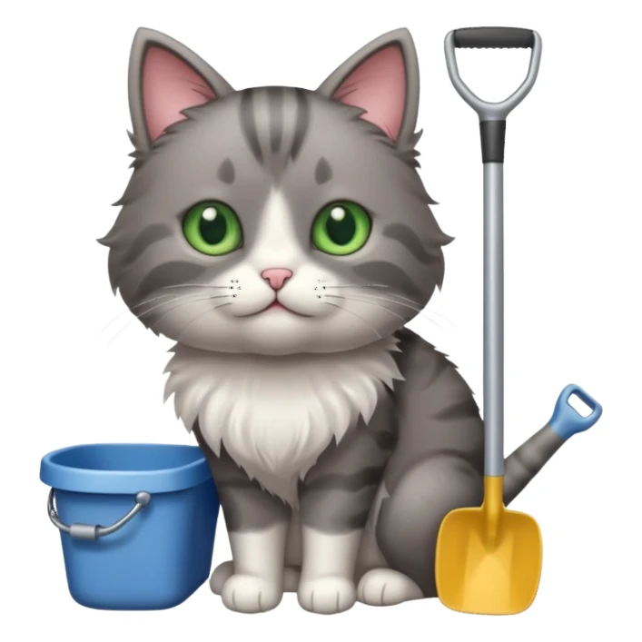 A very cute cat holding a toilet shovel, a litter box beside it sticker