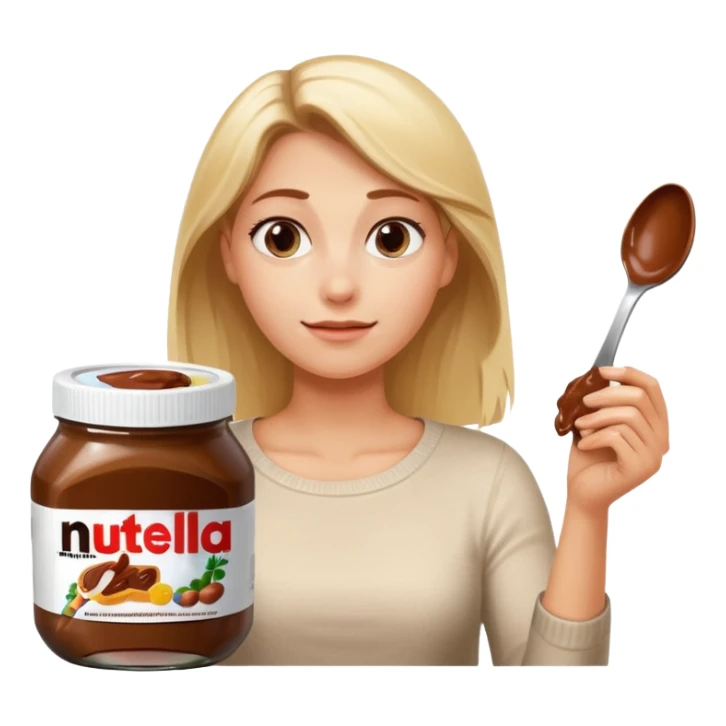 Nutella with a spoon. The glas of Nutella is almost empty . Only the one carriage of Nutella. Next to the Nutella is the head of a blond woman who is looking forward to eat the Nutella  sticker