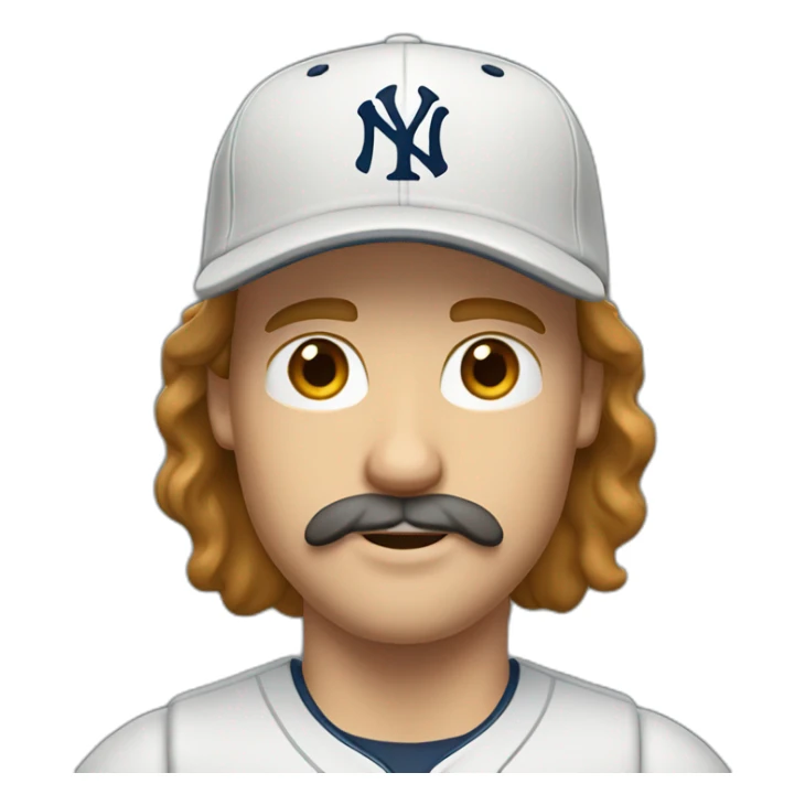 white man with brown long hair and ny baseball cap and mustache sticker