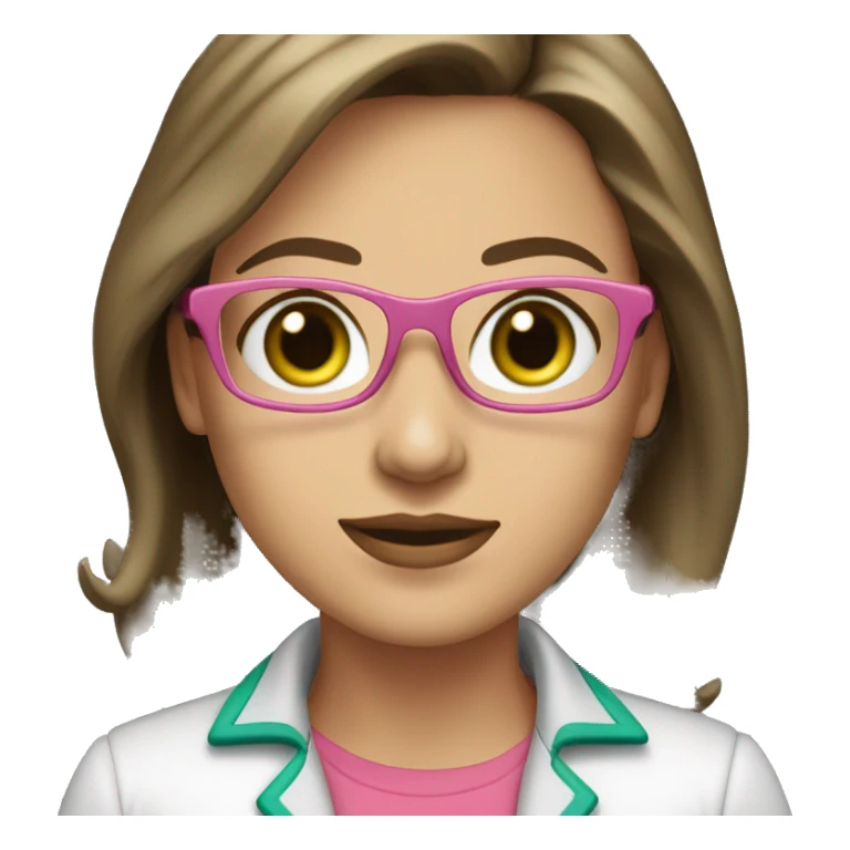 Female coding teacher featuring a laptop. She has long brunette hair, green eyes, white skin, teal eye glasses, rose lips, and a pink feminine shirt sticker